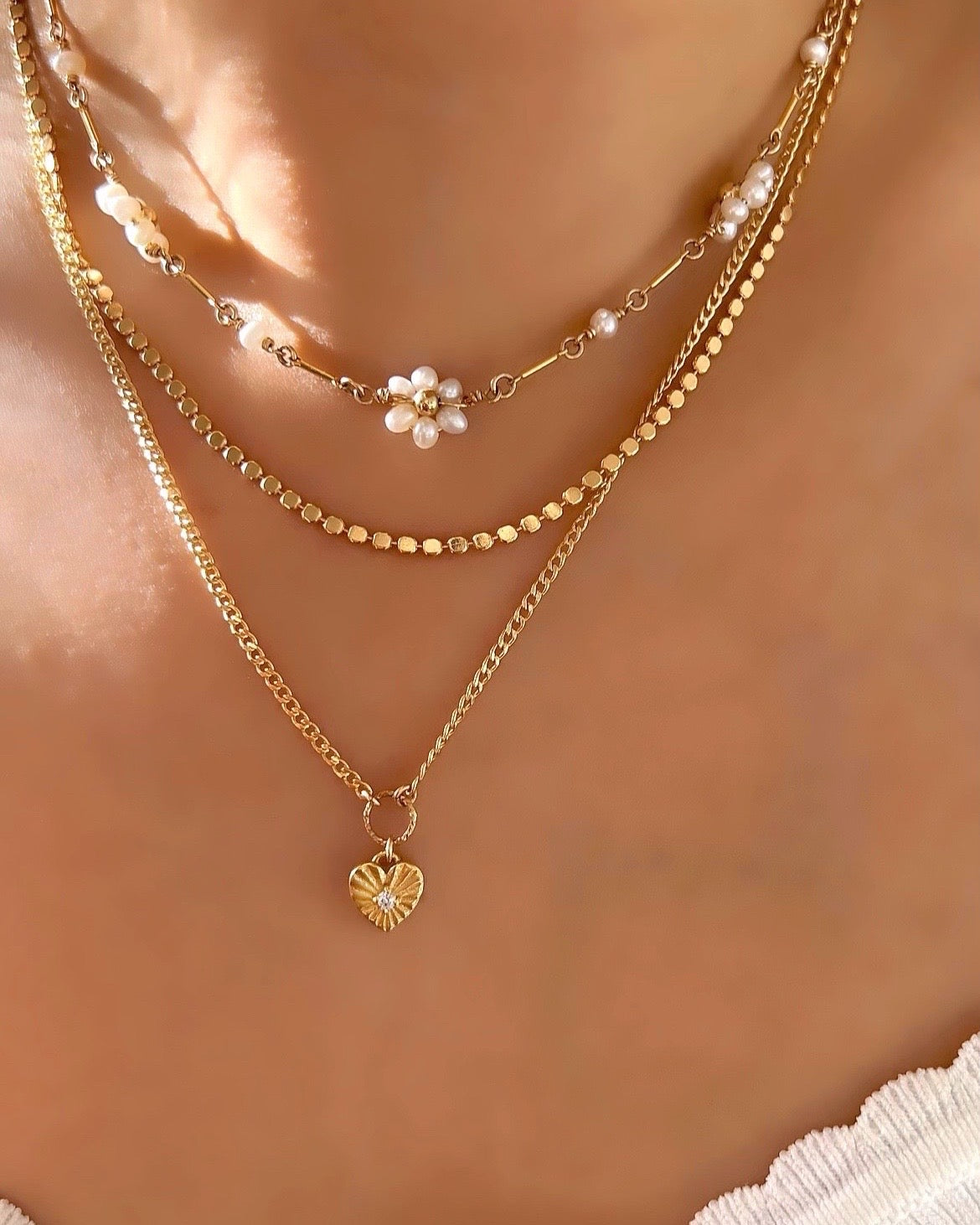14k yellow gold fill Daisy Pearl necklace and pearl daisy charm hoops set