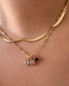 Yellow gold fill singapore chain necklace paired with birthstone pendants and mini serpentine necklace 