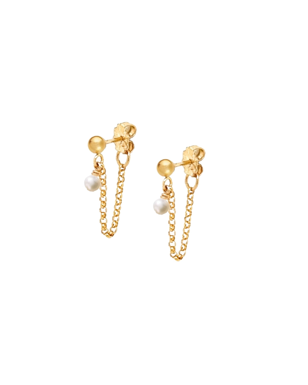 Mini pearl chain stud earring in 14k gold fill, featuring a dainty freshwater pearl with fine chain detail. Perfect for lobe or helix piercing.