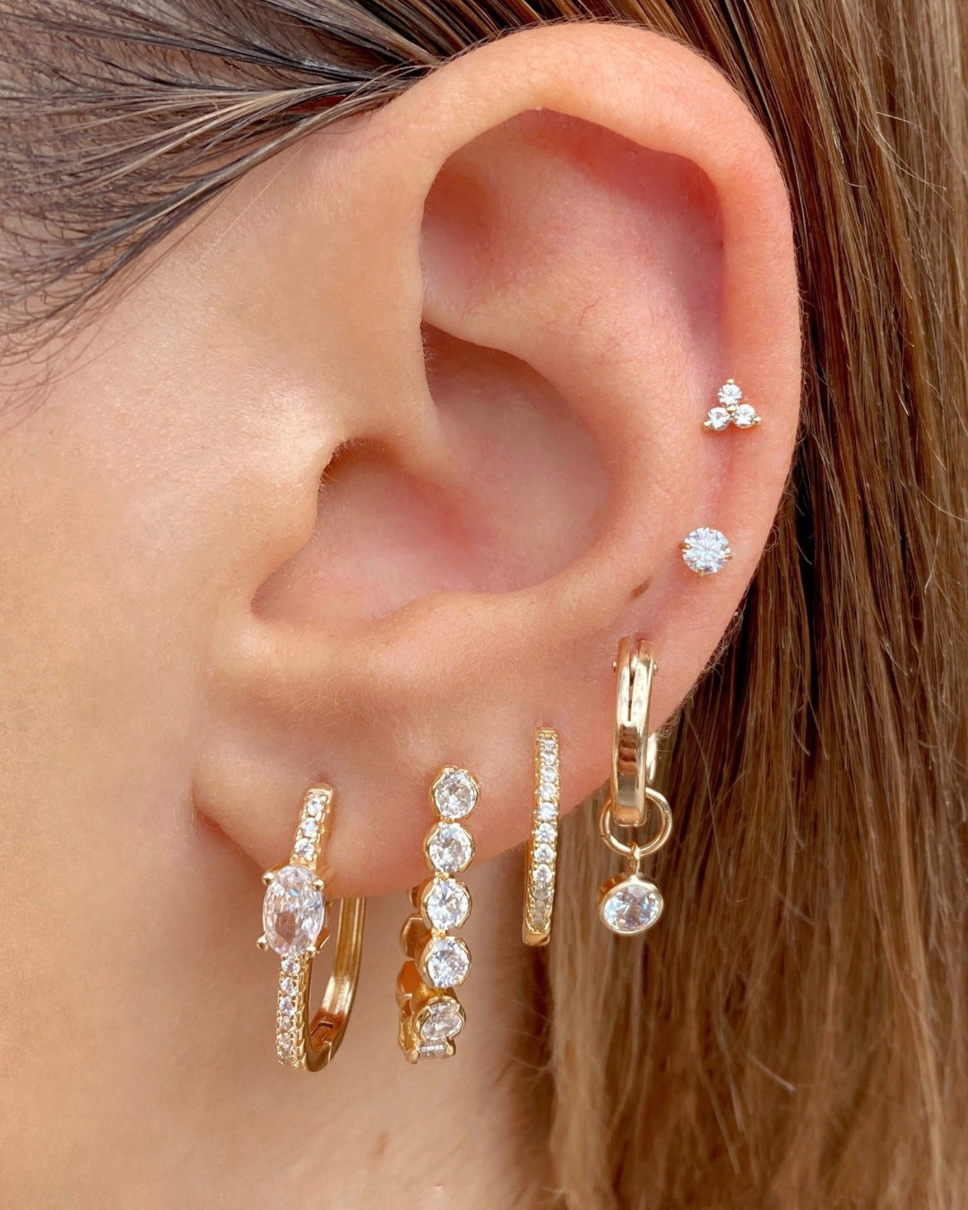 14k yellow solid gold cubic zirconia crystal stud earrings with butterfly backings