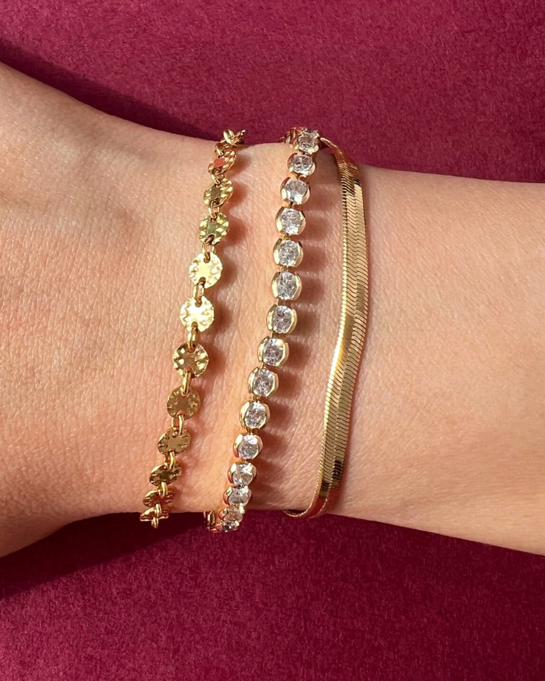14k yellow gold fill classic crystal tennis white diamond choker bracelet on a model