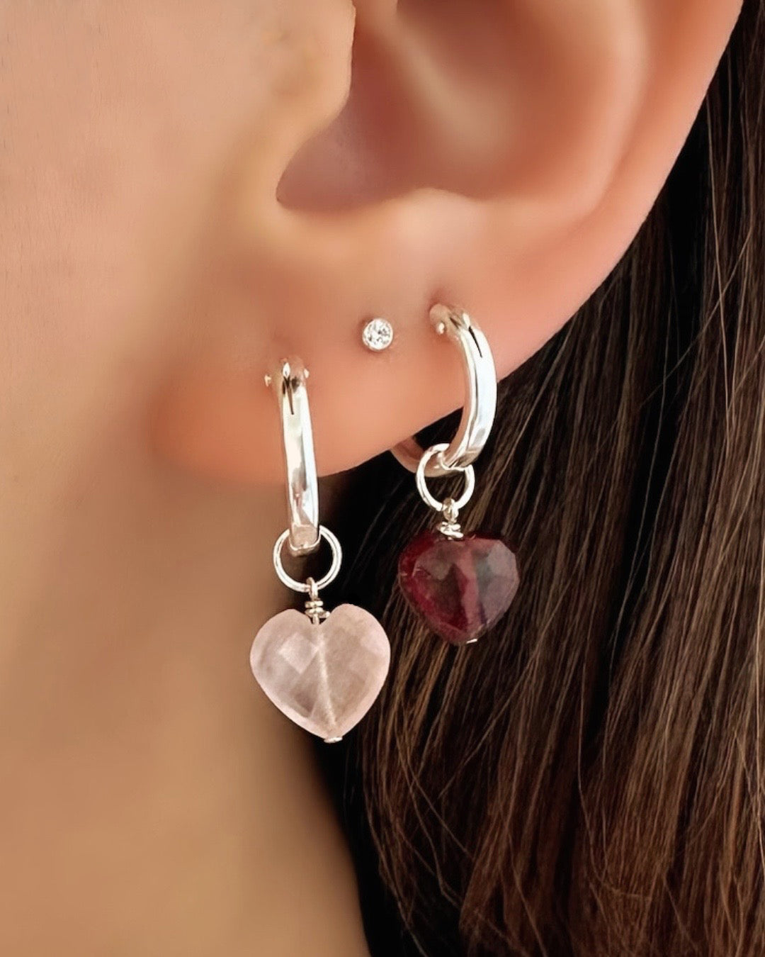Close up of Silver Garnet Heart Earring Charm. Compatible with hoops from our Mix and Match Earring Collection.
