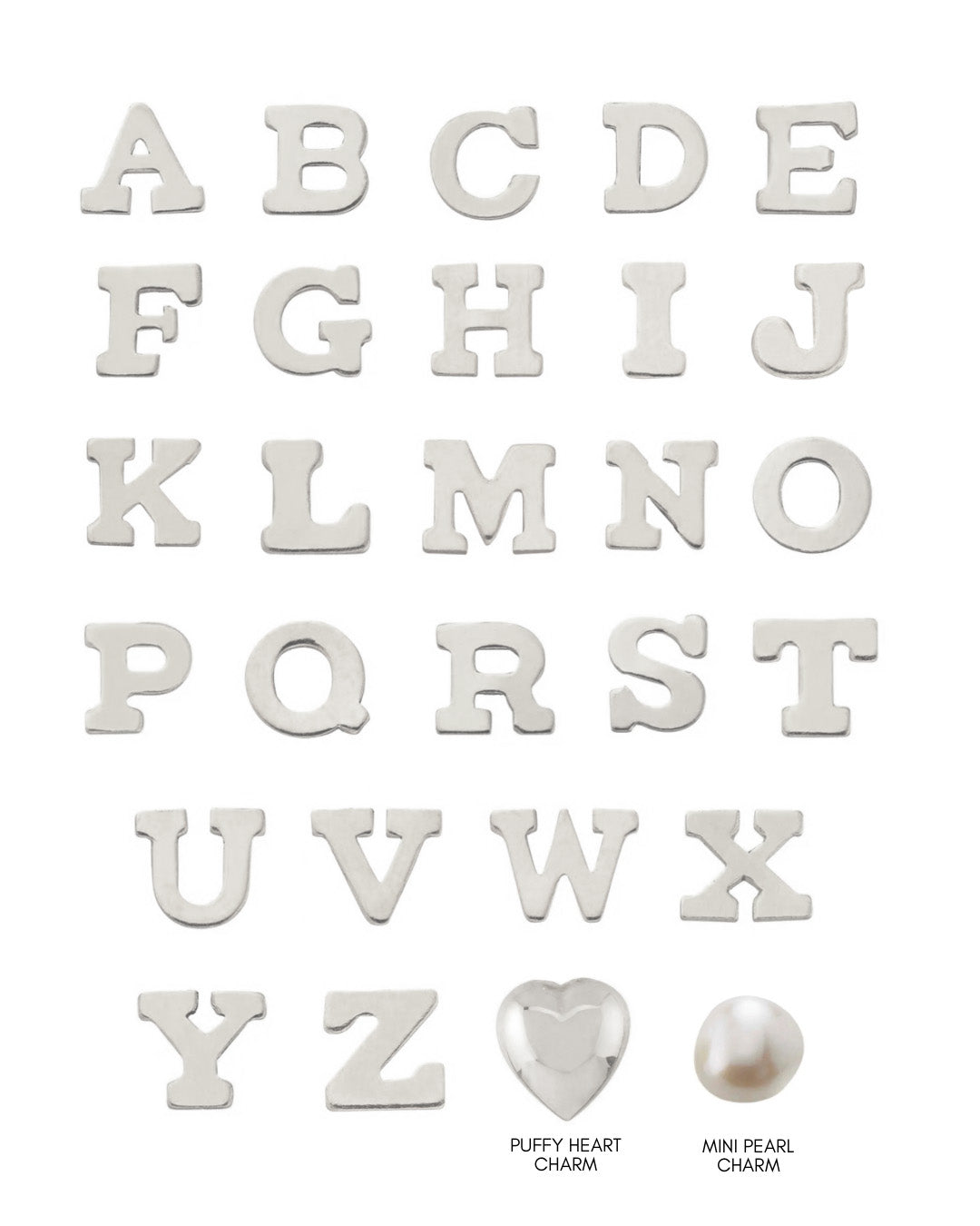 Sterling Silver alphabet letter charms A–Z with puffy heart and mini pearl charms for personalised pearl initial choker necklace jewellery
