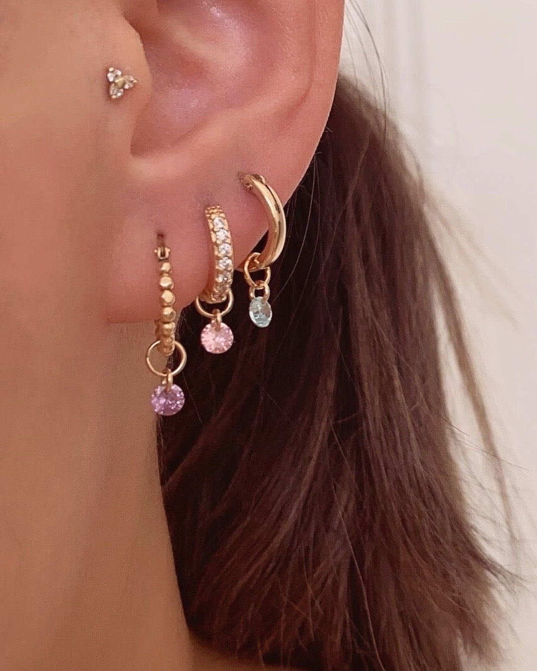 14k gold fill birthstone earring charms for hoops on a model