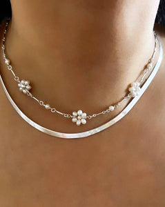 Silver Daisy Pearl Necklace and Earrings Set