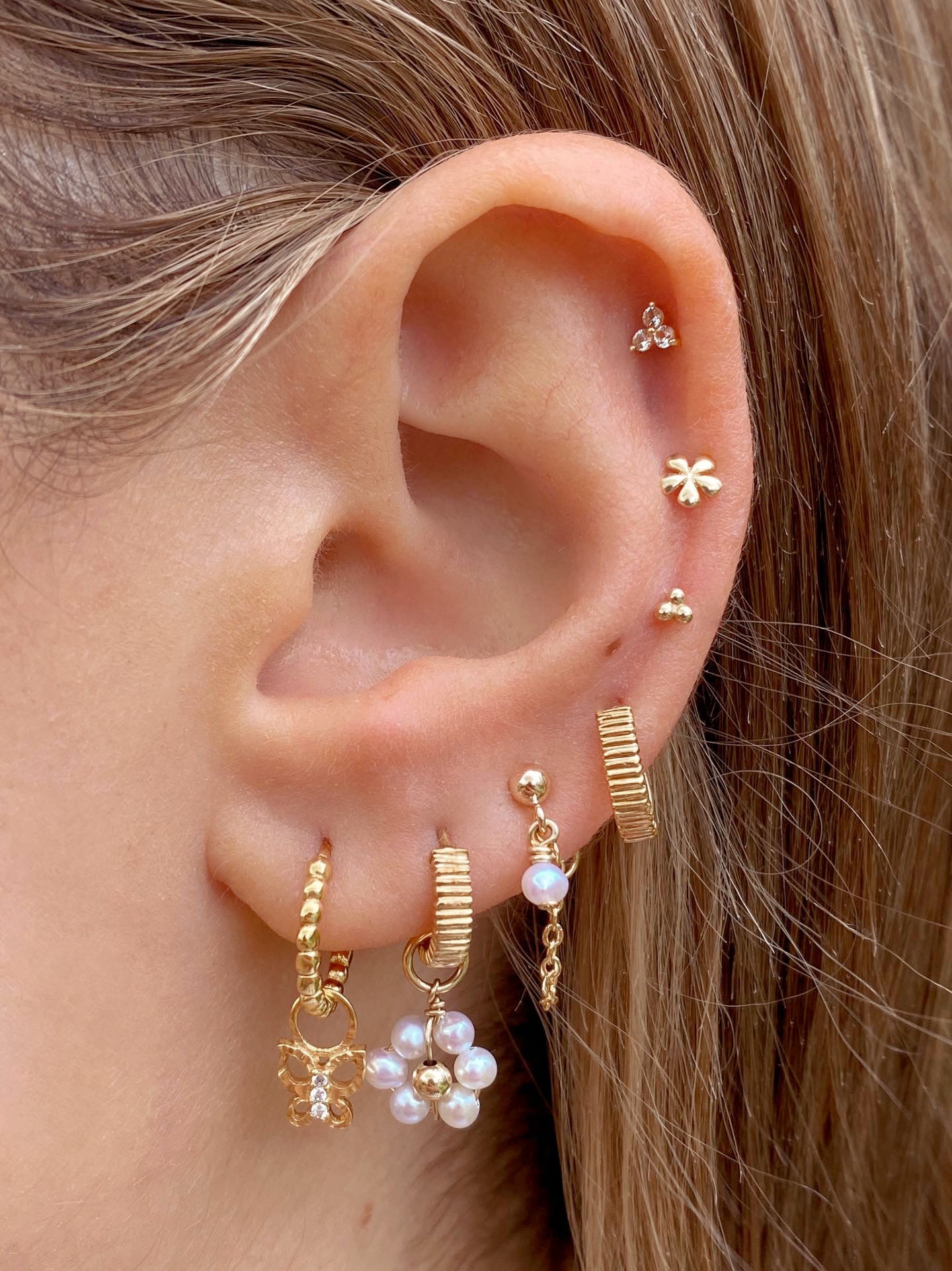 14k yellow gold fill daisy Pearl earring charm for Huggie hoops earrings. Made in Australia.