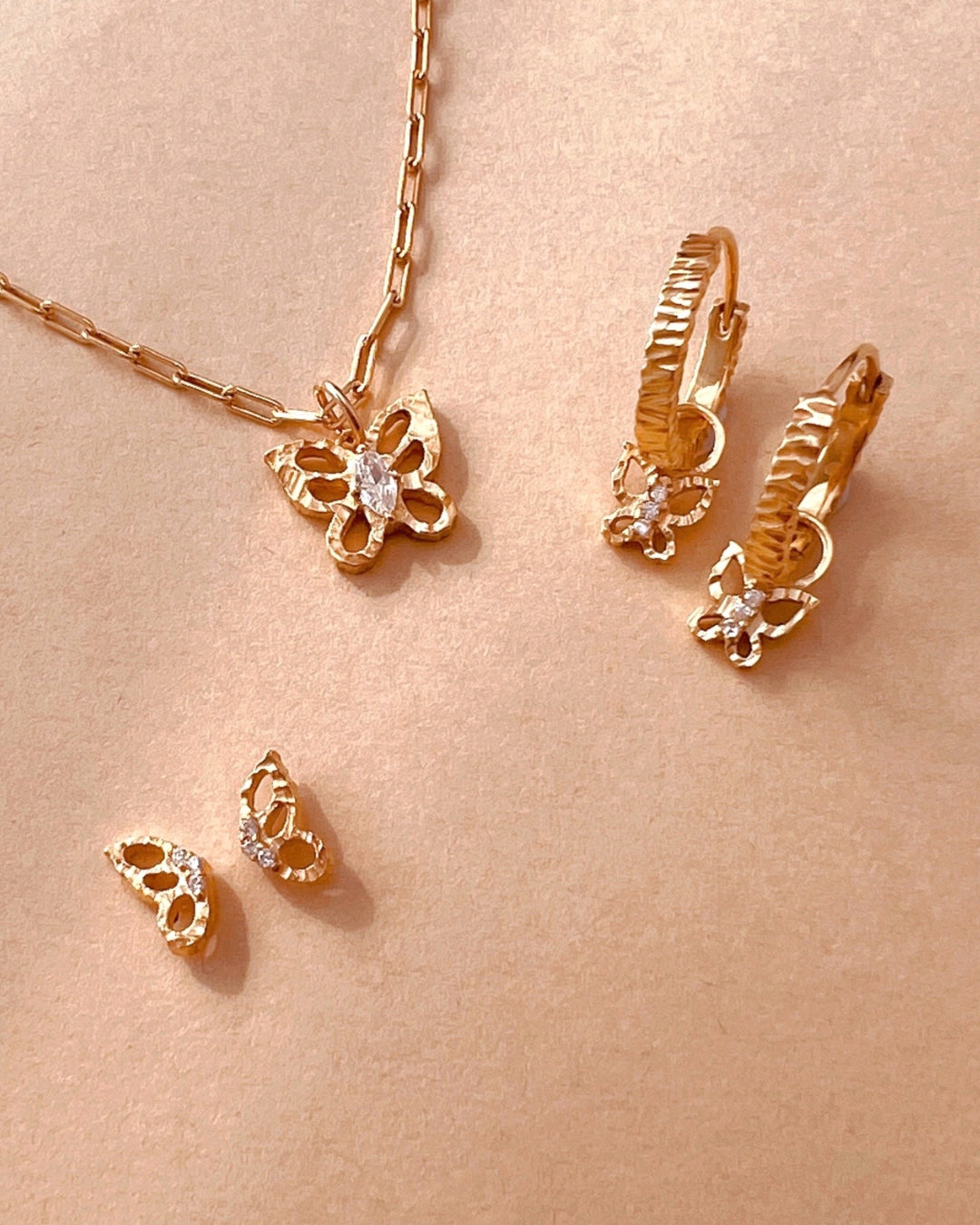 14k yellow gold fill textured butterfly earring charm for huggie hoops earrings. Designed and made in Australia. Talisman charm.