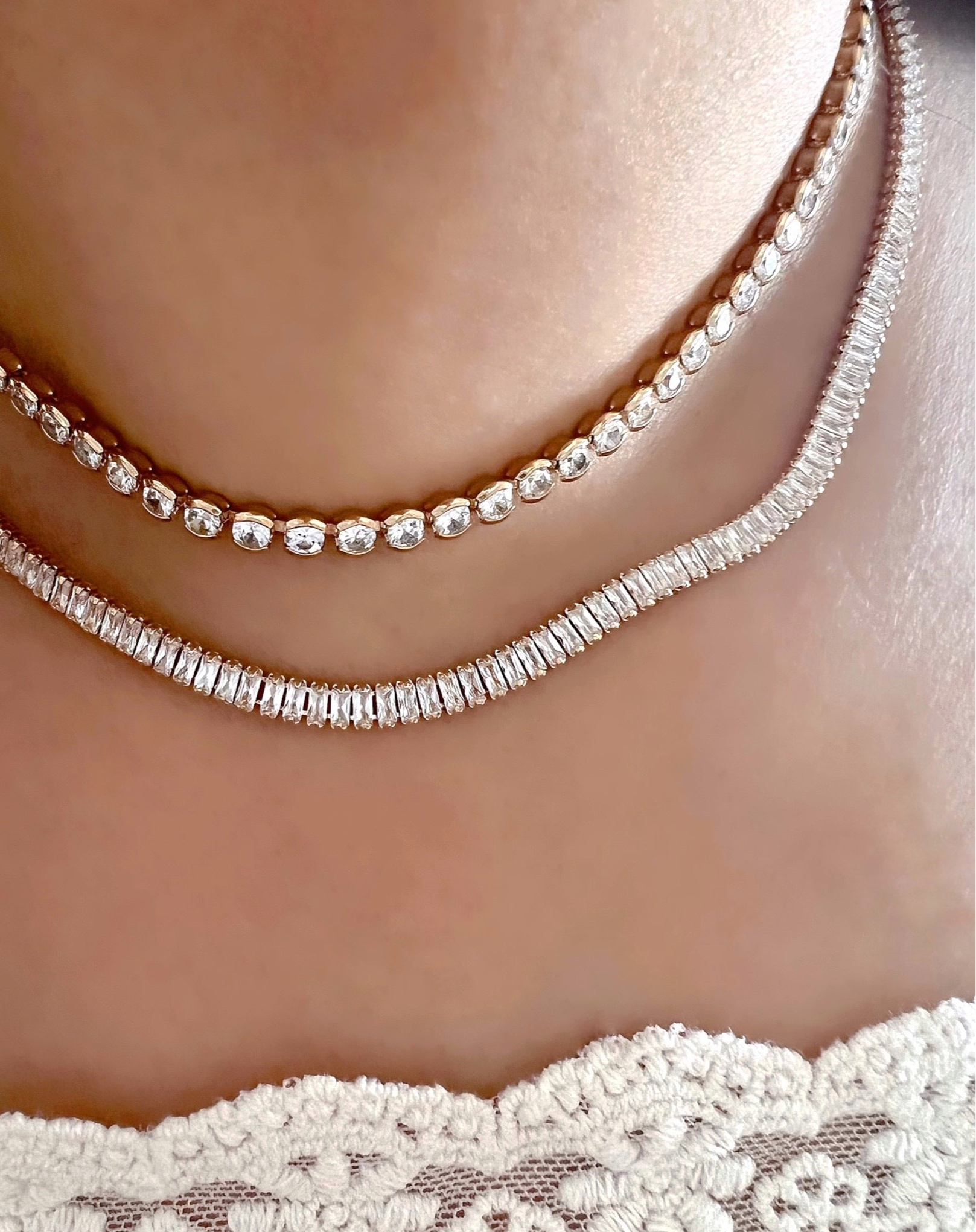 14k yellow gold fill classic crystal tennis white diamond choker necklace on a model