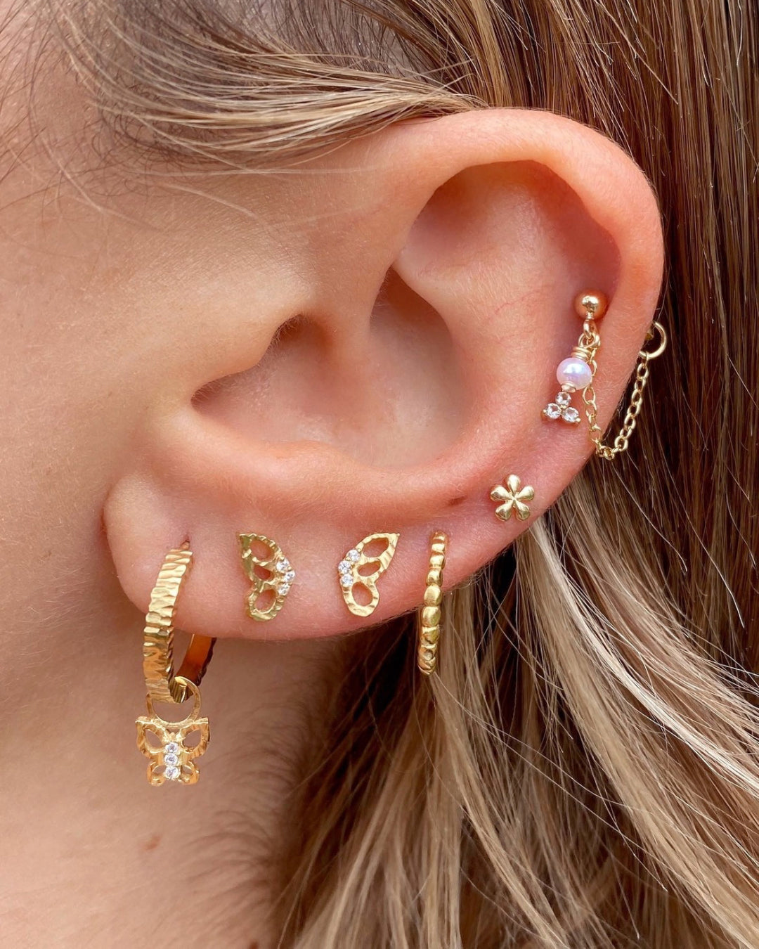 14k yellow gold fill textured butterfly earring charm for huggie hoops earrings. Designed and made in Australia. Talisman charm.