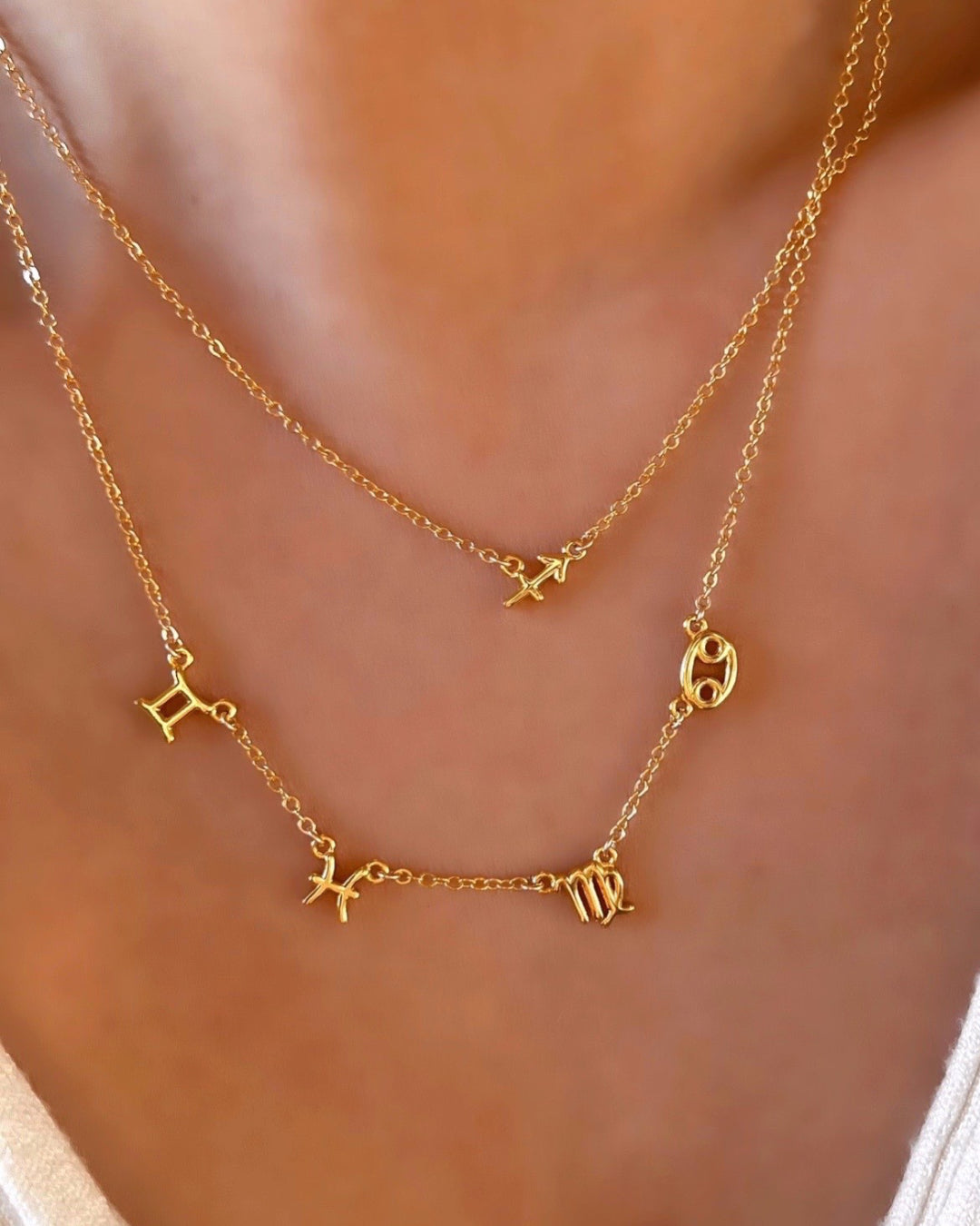 Customizable petite zodiac sign necklace with the option to add up to 7 zodiac symbols.
