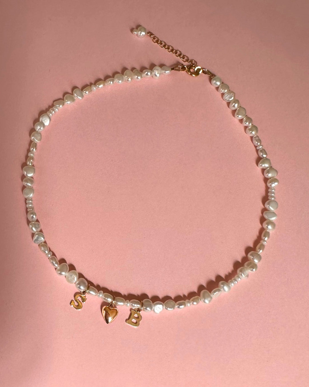 Gold-filled Classic Pearl Initial Choker with organic freshwater pearls and customisable initials, puffy heart or mini pearl charms.