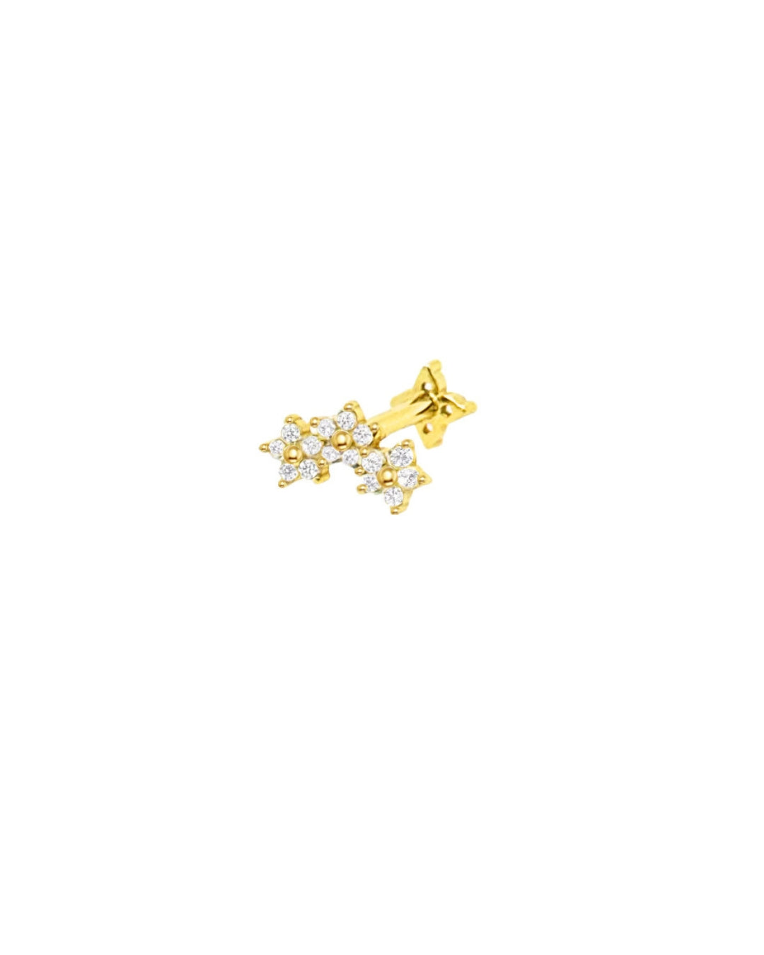 Reversible gold double stud earring featuring crystal flower motifs on both sides, shown flat against a white background.