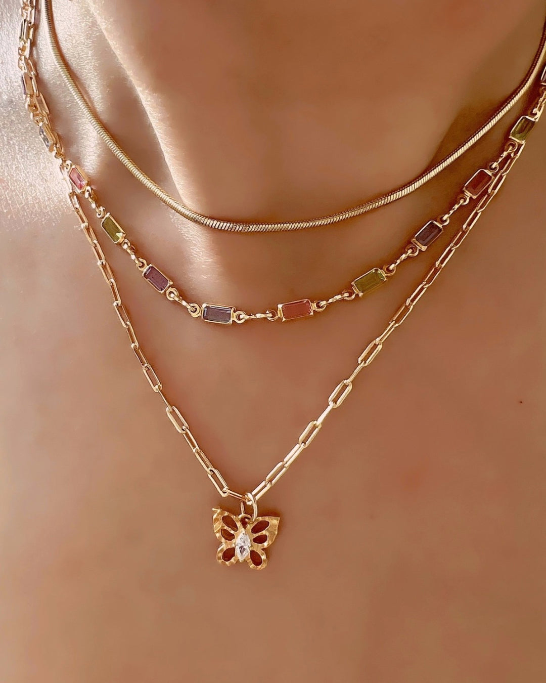 Gold fill herringbone snake chain necklace choker on a model