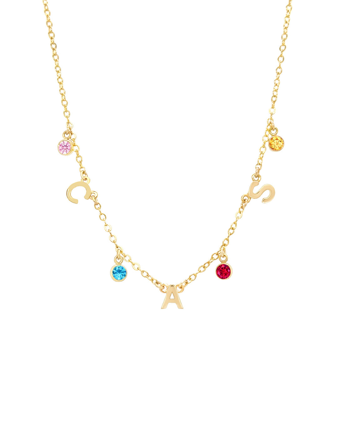 A dainty gold initial birthstone necklace featuring personalized letter and birthstone charms, elegantly displayed on a fine gold chain. Perfect for everyday wear and meaningful gifting.