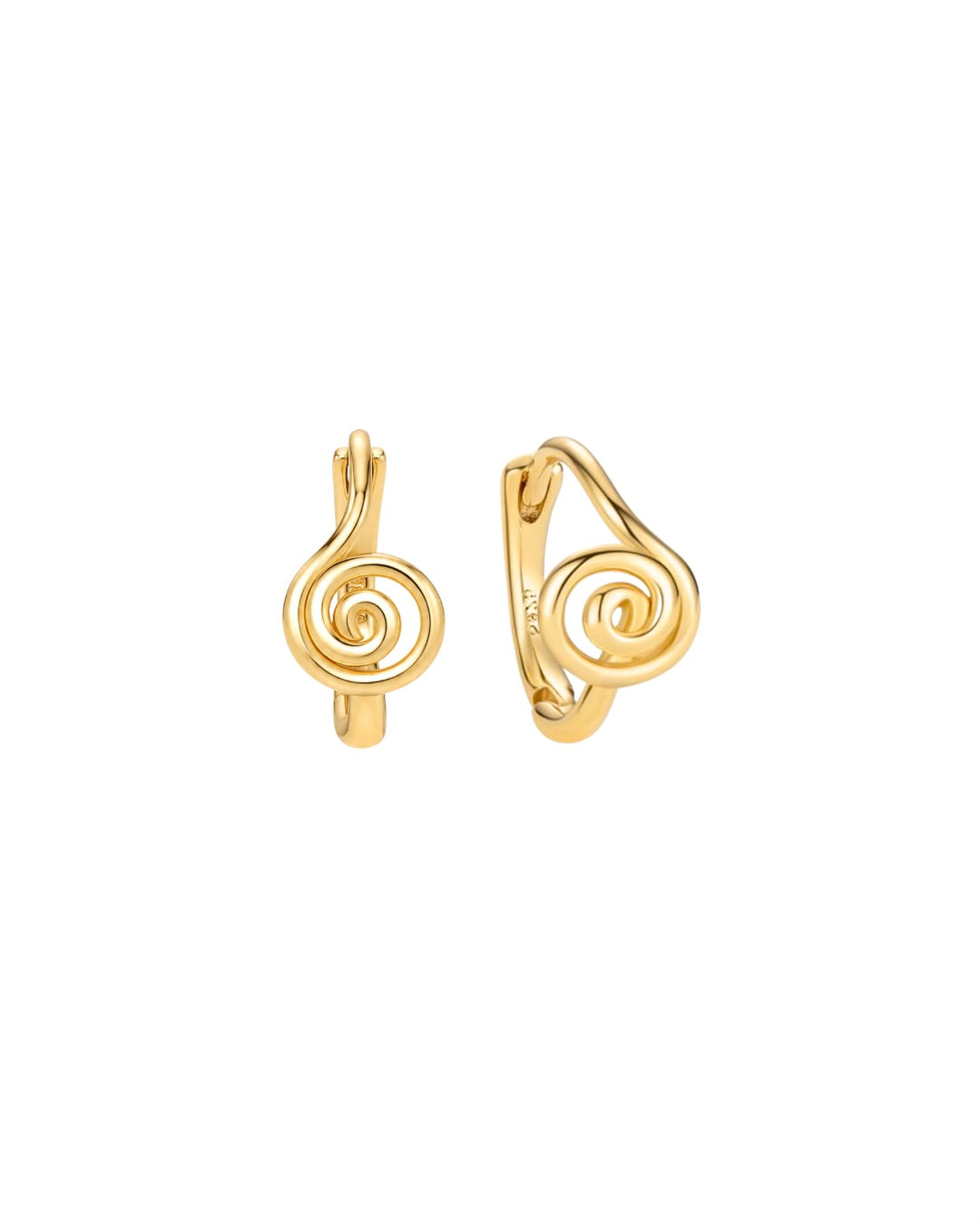 Gold Spiral Huggie Hoops against a white background