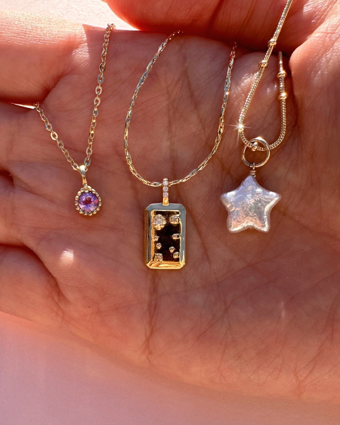 Gold Gemini Constellation Zodiac Necklace, June Birthstone Necklace and Cosmic Star Pearl Necklace