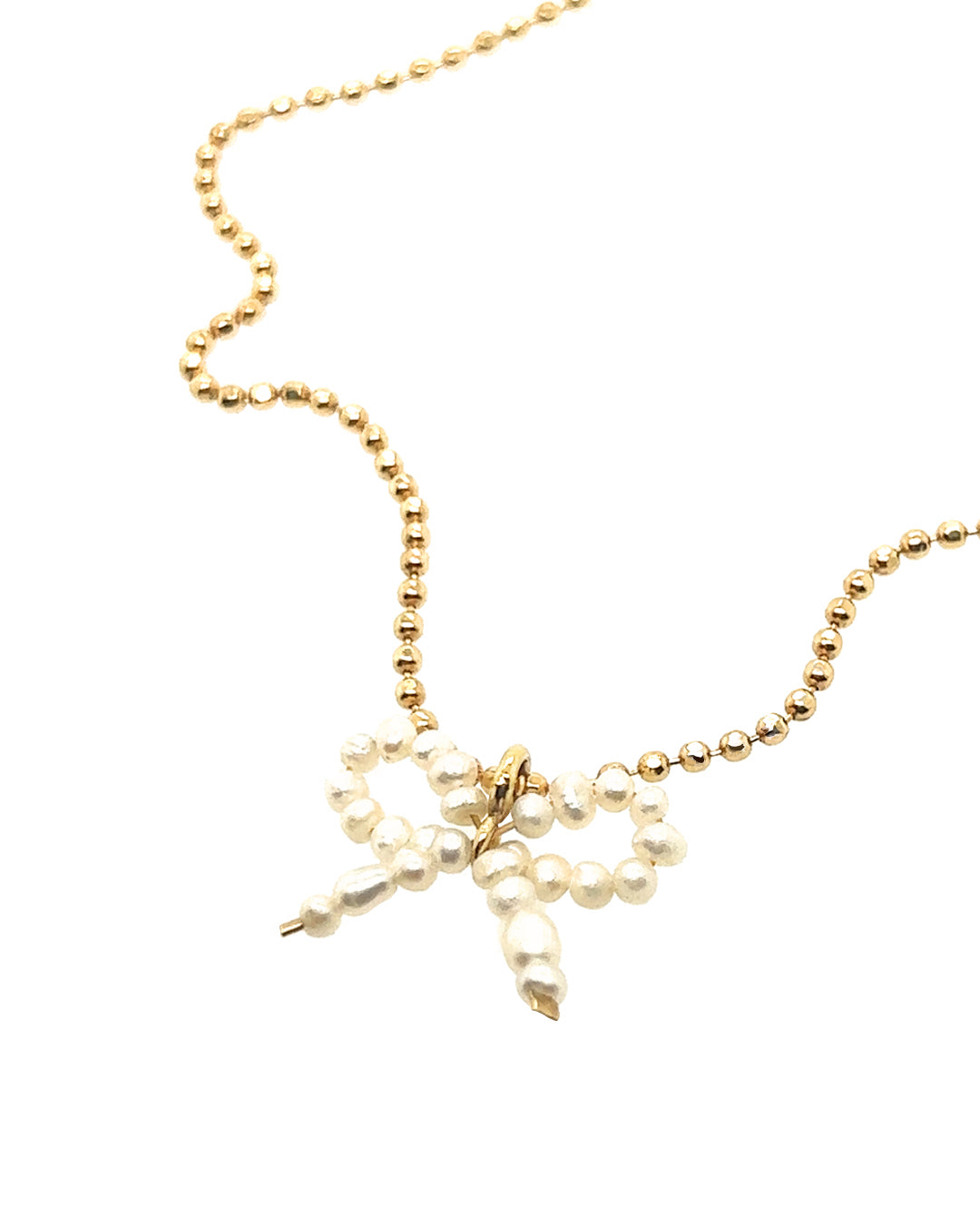 Freshwater Pearl Bow Pendant on a gold satellite chain necklace