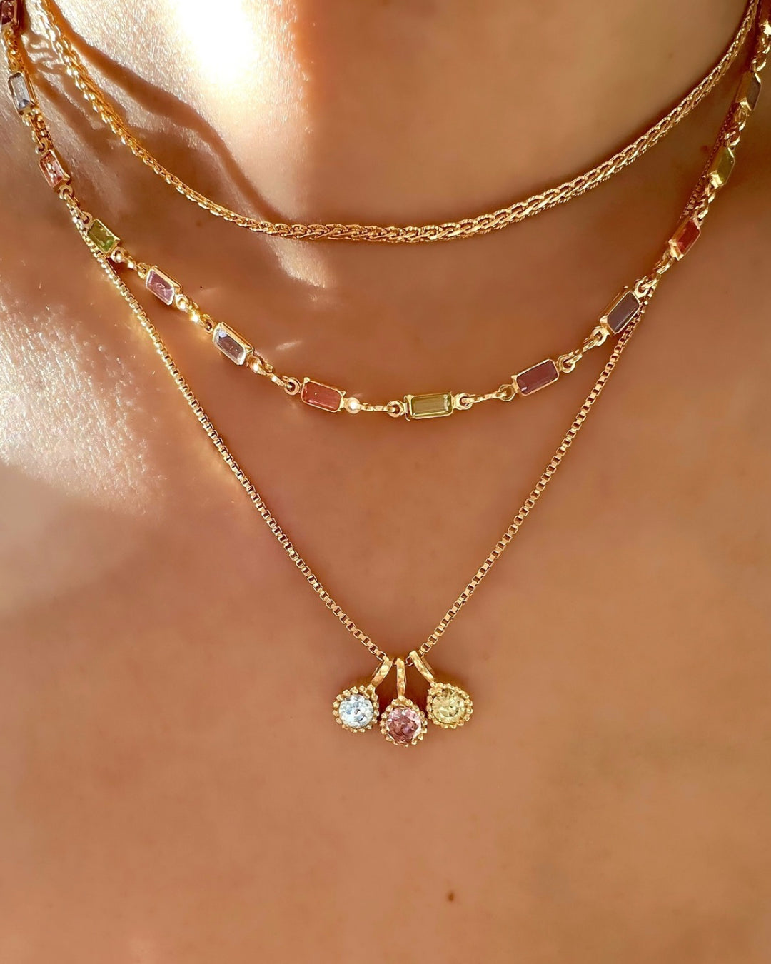 Yellow gold fill box chain necklace paired with birthstone pendants
