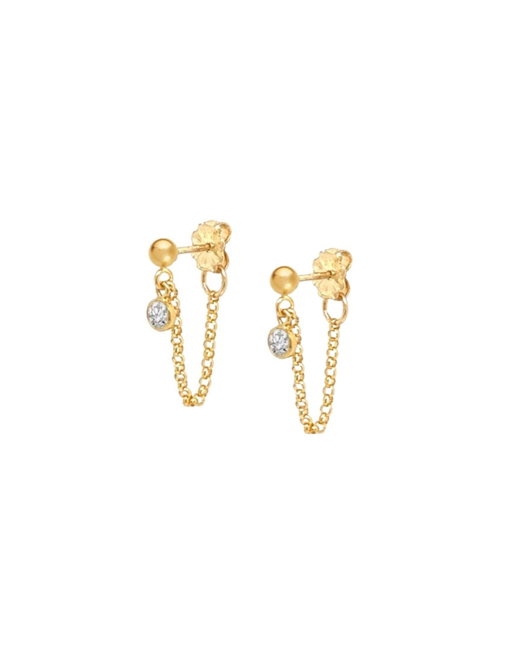14k gold filled bezel gem chain stud earring featuring a tiny white cubic zirconia crystal. Delicate design suitable for lobe or helix piercing