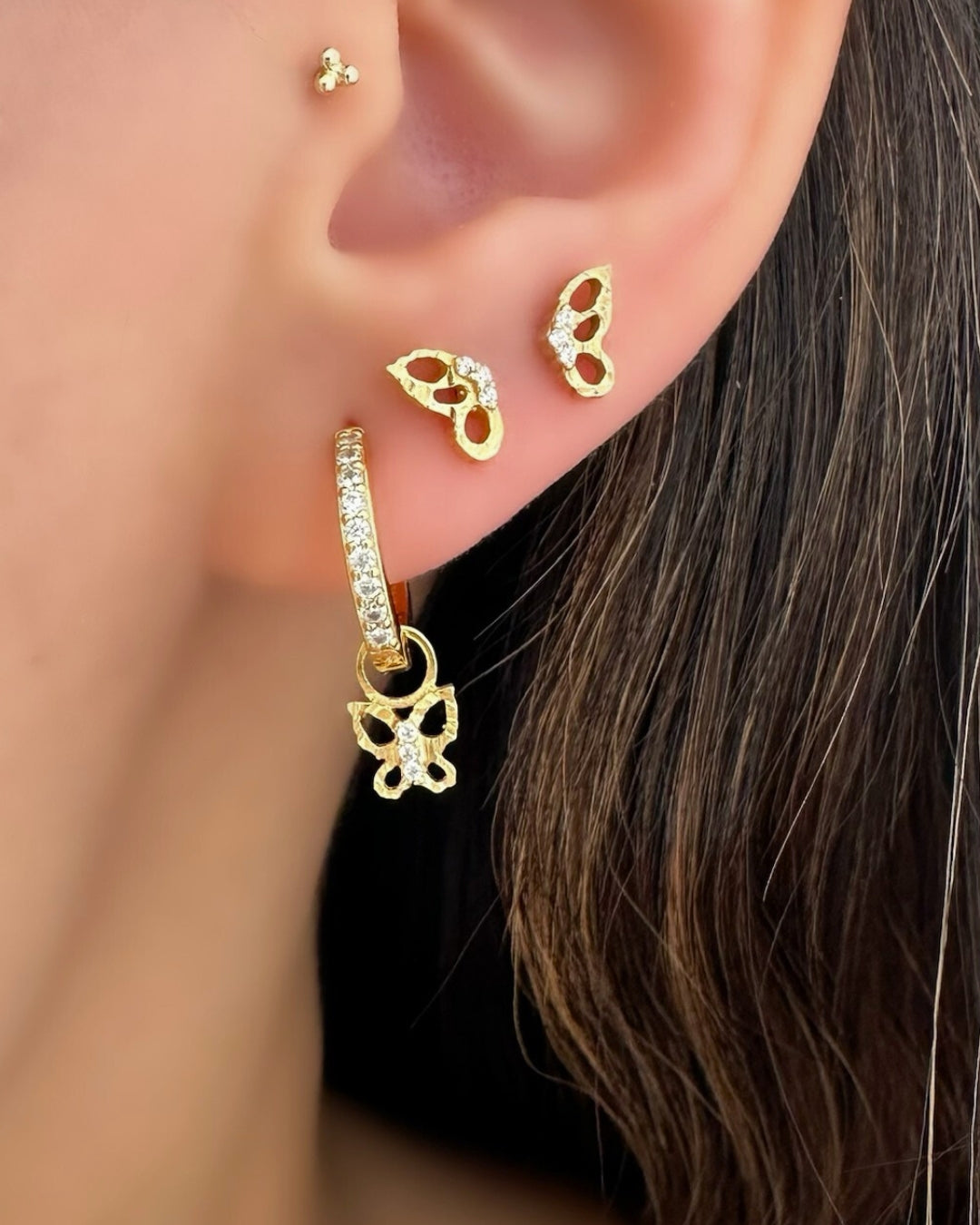 14k yellow gold fill textured butterfly earring charm for huggie hoops earrings. Designed and made in Australia. Talisman charm.