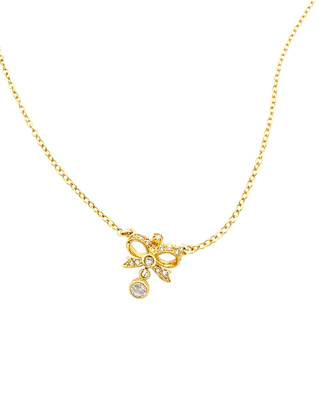 Gold vintage bow necklace with crystal-encrusted design and crystal drop, made in Australia; perfect Valentine's Day gift, birthday gift, or bridal jewelry. Coquette jewellery