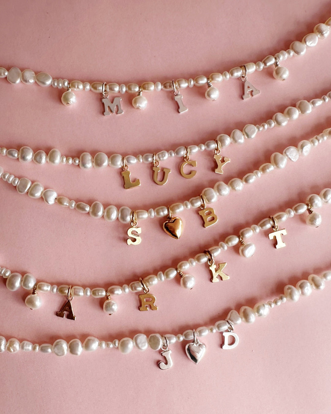 Sterling silver and Gold-filled Classic Pearl Initial Choker with organic freshwater pearls and customisable initials, puffy heart or mini pearl charms.