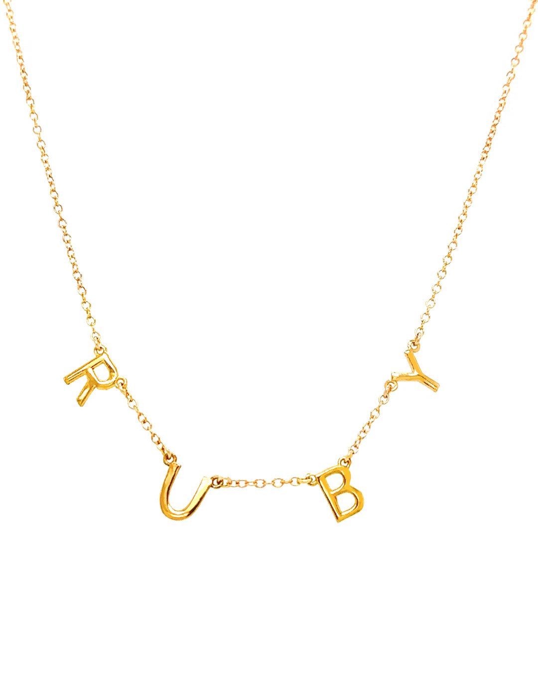 Gold fill initial name necklace with customisable initial letters, gold heart and heart gems