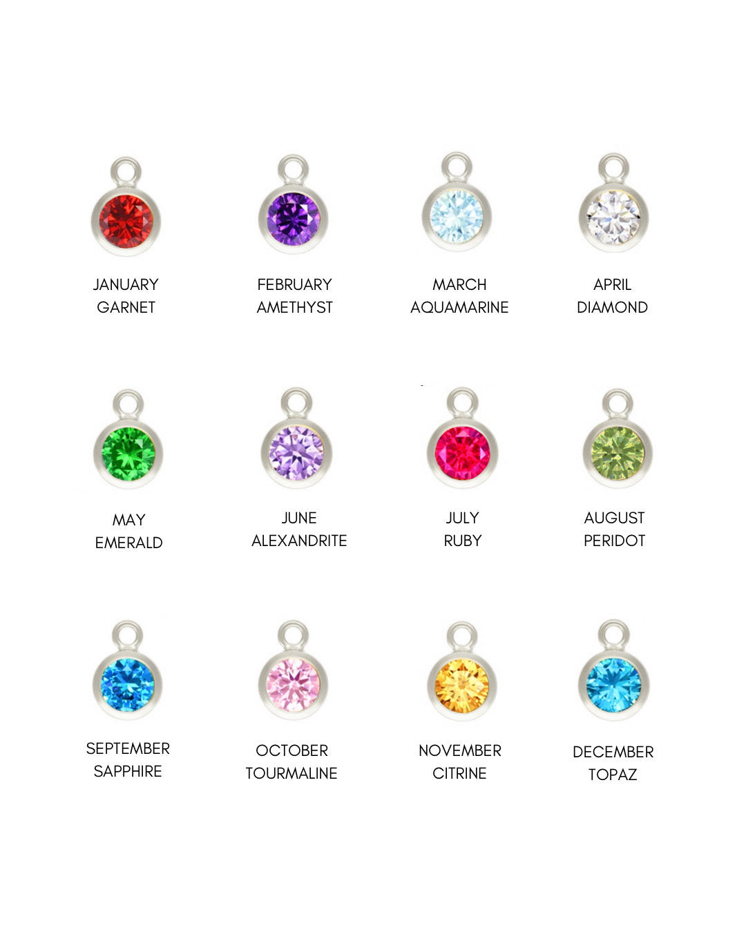 Silver bezel framed birthstone charms.