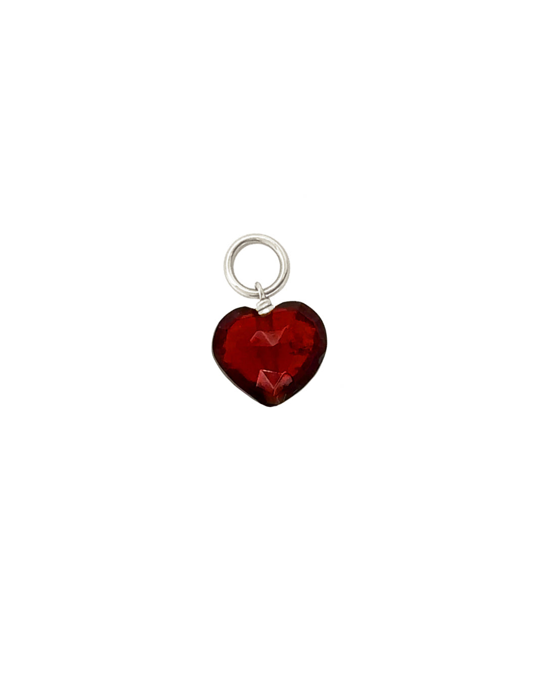 Close up of Silver Garnet Heart Earring Charm. Compatible with hoops from our Mix and Match Earring Collection.