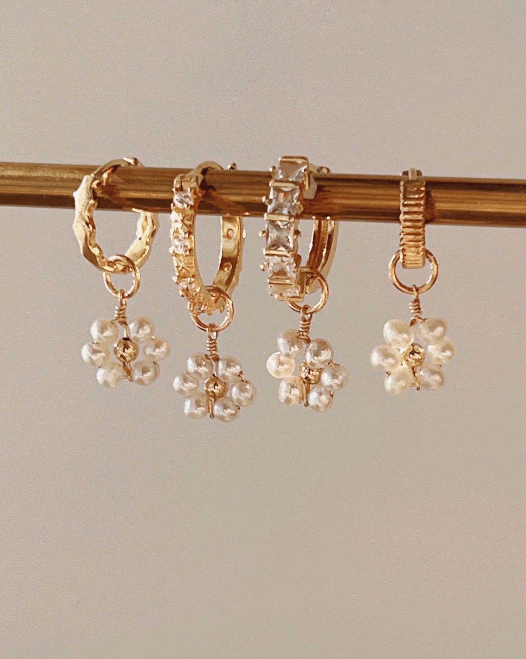 14k yellow gold fill daisy Pearl earring charm for Huggie hoops earrings. Made in Australia.