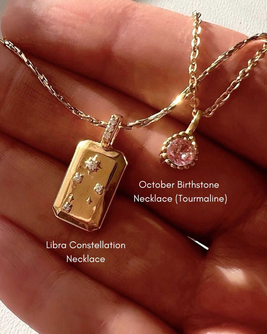 Gold Libra Constellation Zodiac Pendant on a Gold Necklace Chain and October Tourmaline Birthstone Necklace