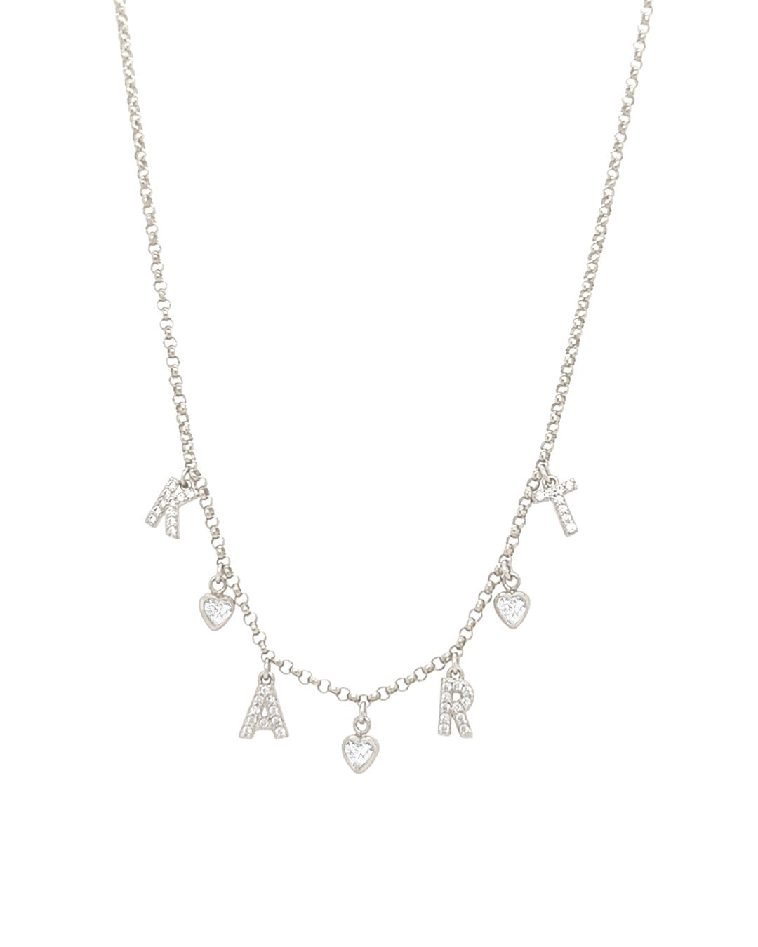 Silver pavé initial necklace with dainty custom letters and heart charms, personalised sterling silver jewellery for everyday wear