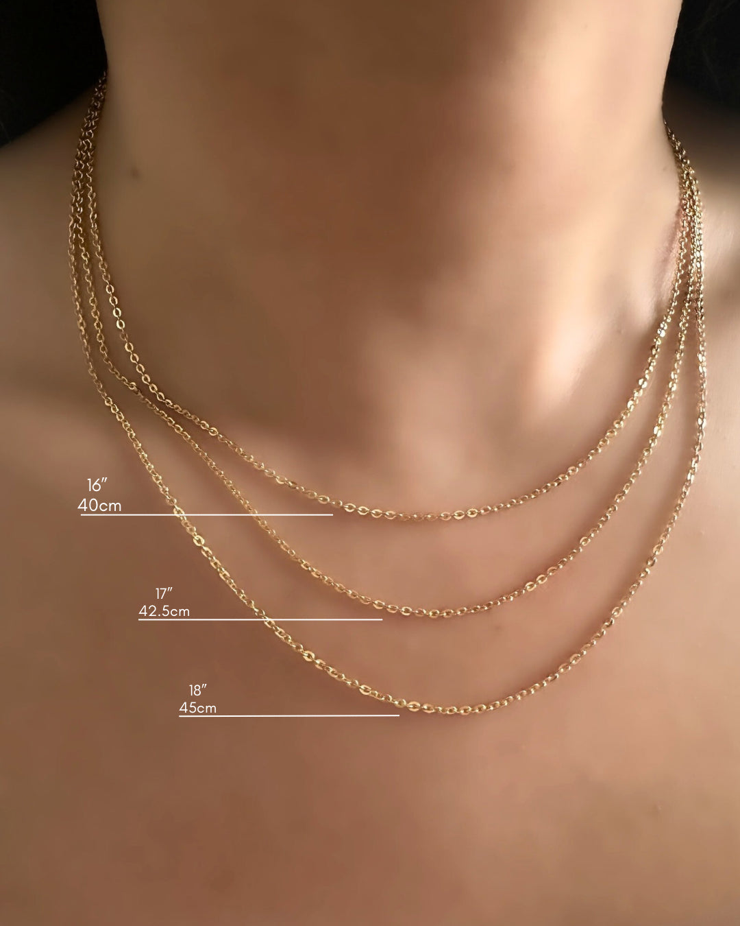 Model wearing necklace in 3 lengths - 16” / 40cm, 17” / 42.5cm, 18” / 45cm