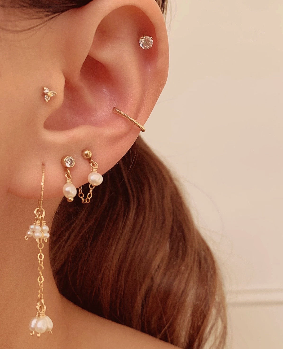 14k gold fill bezel crystal diamond with freshwater pearl drop on a model