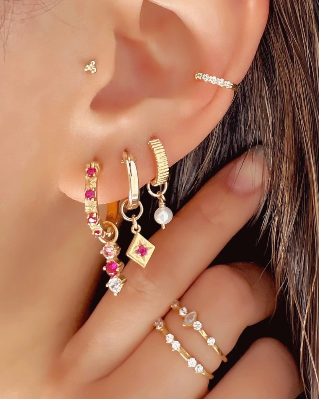 14k yellow gold fill Asteria Ruby Earring charm for huggie hoops earrings. Birthstone charm for earrings and necklace. Made in Australia. July Birthstone. Personalised jewellery.