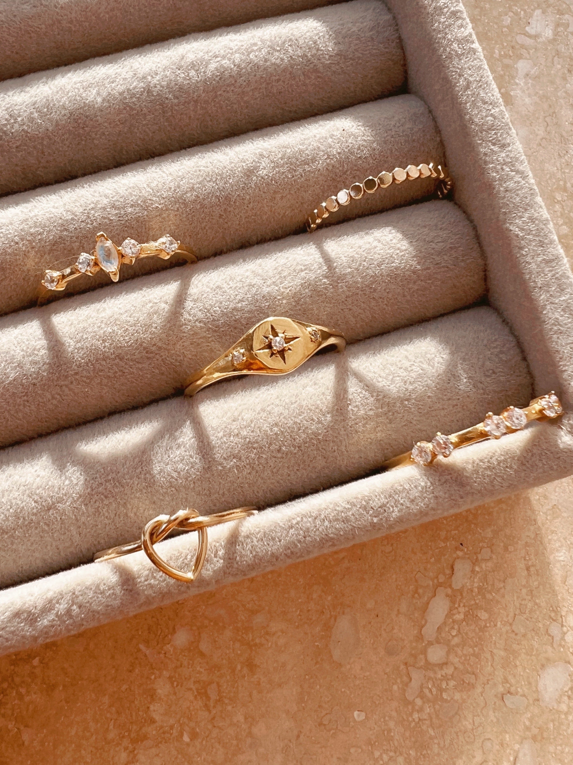 14k gold fill Star signet ring with crystal encrusted North Star centre flanked with 2 micro pave cubic zirconia crystals on shoulder of ring.
