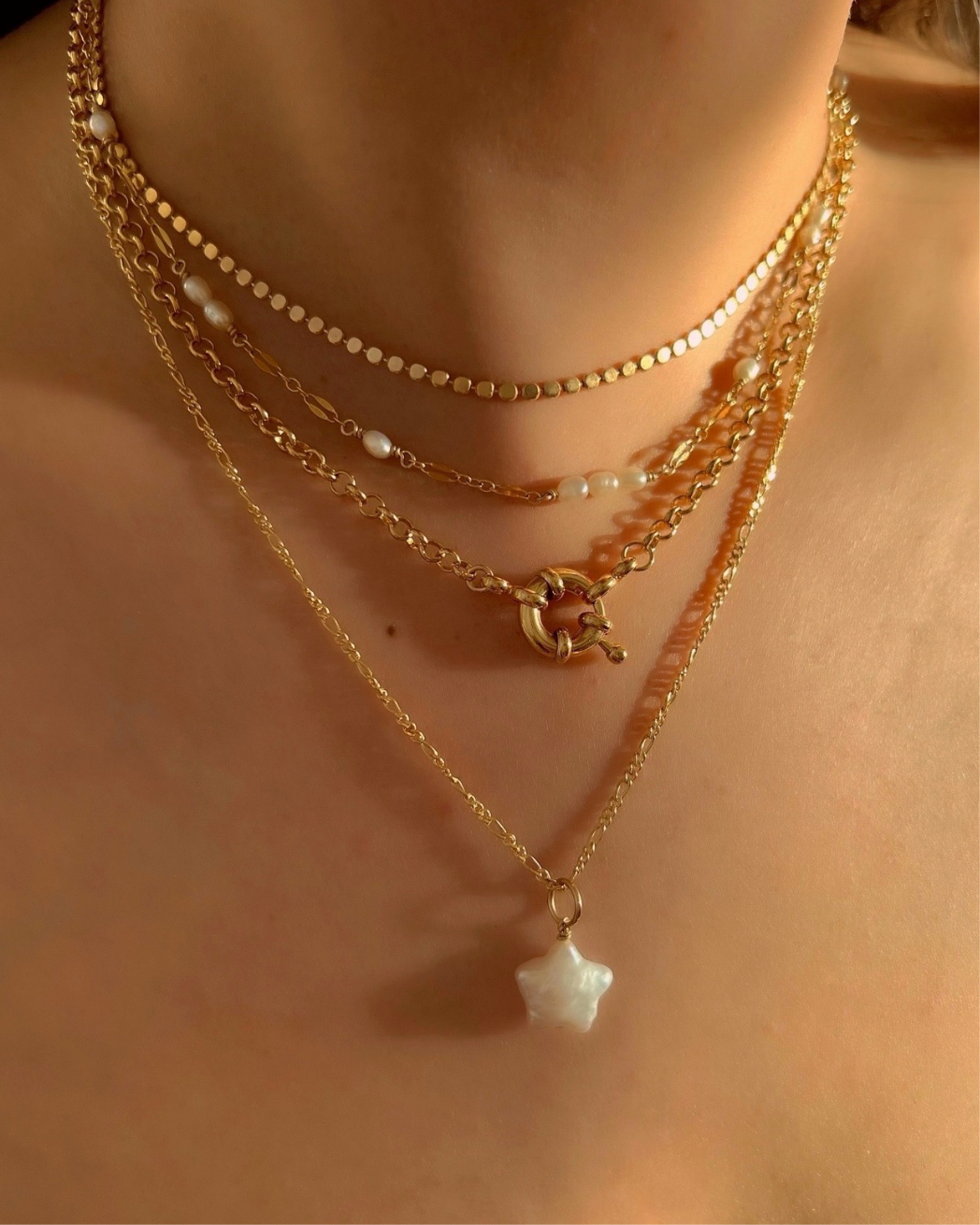 14k gold fill freshwater pearl star pendant charm on a fine Figaro necklace chain