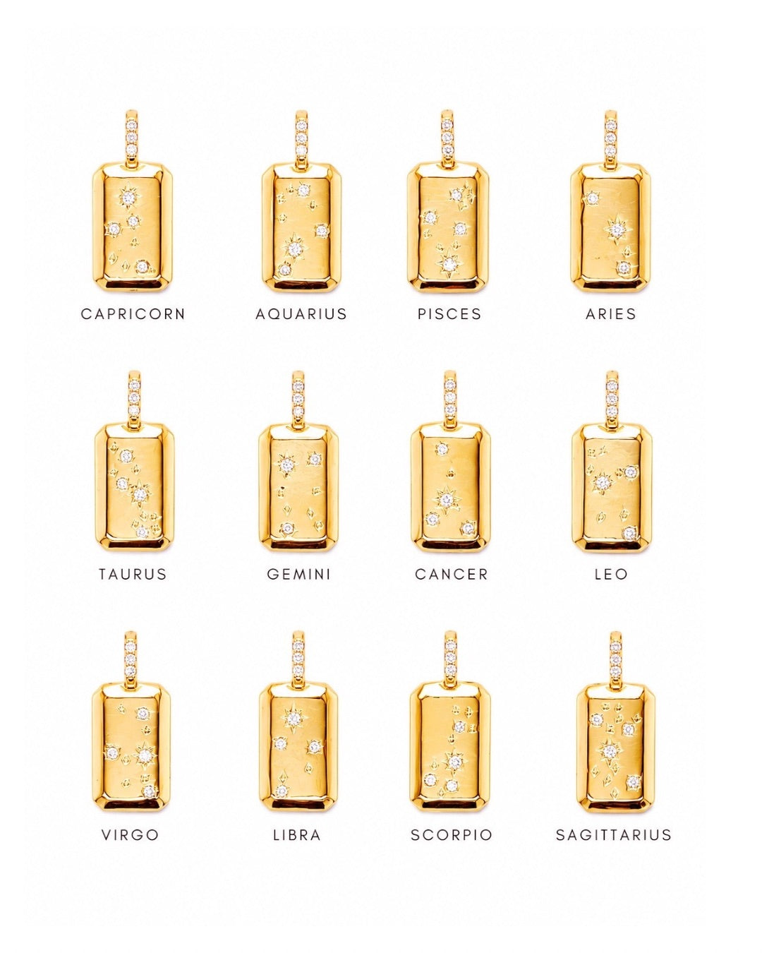 Flaylay of 12 zodiac constellation pendants against white background