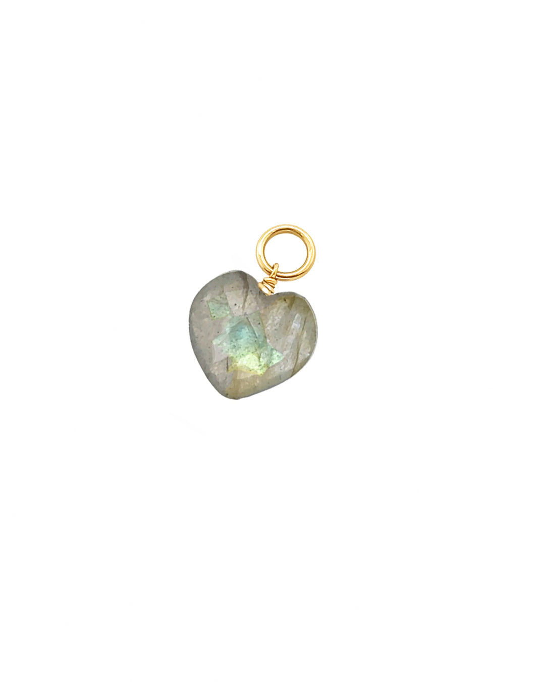 Close-up of a genuine labradorite heart earring charm in 14k gold fill, approximately 10mm in size, designed to fit all hoops in the Mix and Match Earrings collection. Iridescent gemstone symbolising intuition, transformation, and protection, associated with February and November and linked to Scorpio, Sagittarius, and Leo.