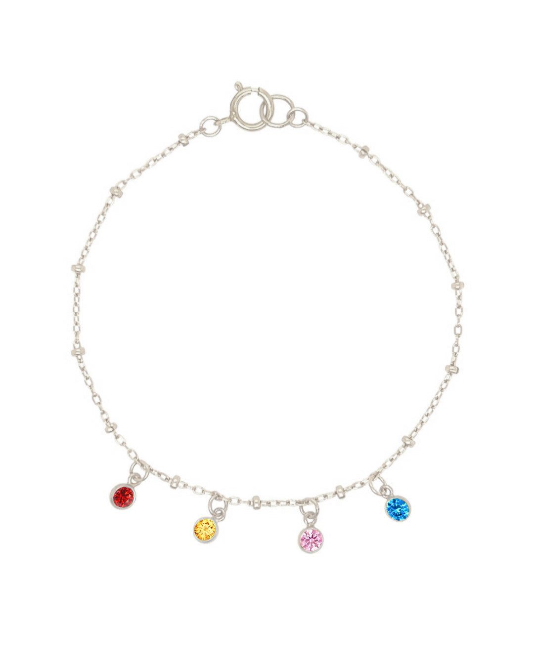 Silver dainty birthstone bracelet with up to 9 personalised cubic zirconia charms on a delicate sterling silver chain
