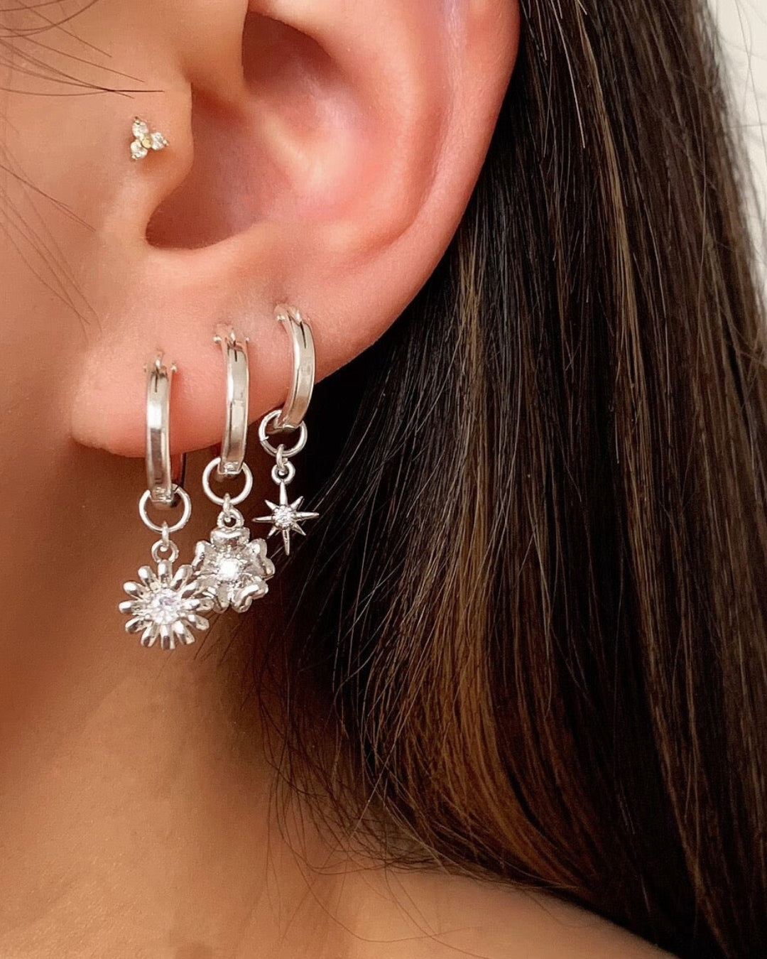 Sterling silver freshwater daisy flower earring charms for Huggie hoops earrings. Made in Australia.
