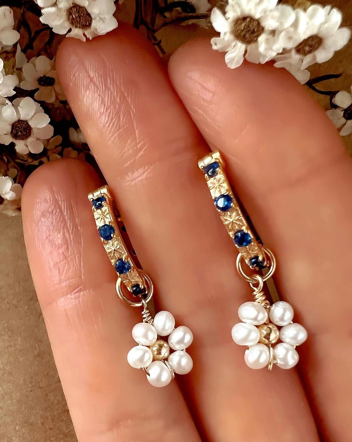 14k yellow gold fill daisy Pearl earring charm for Huggie hoops earrings. Made in Australia.