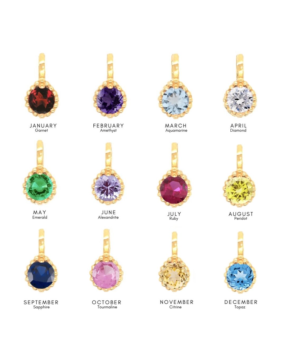 Gold birthstone pendants for each month on a white background