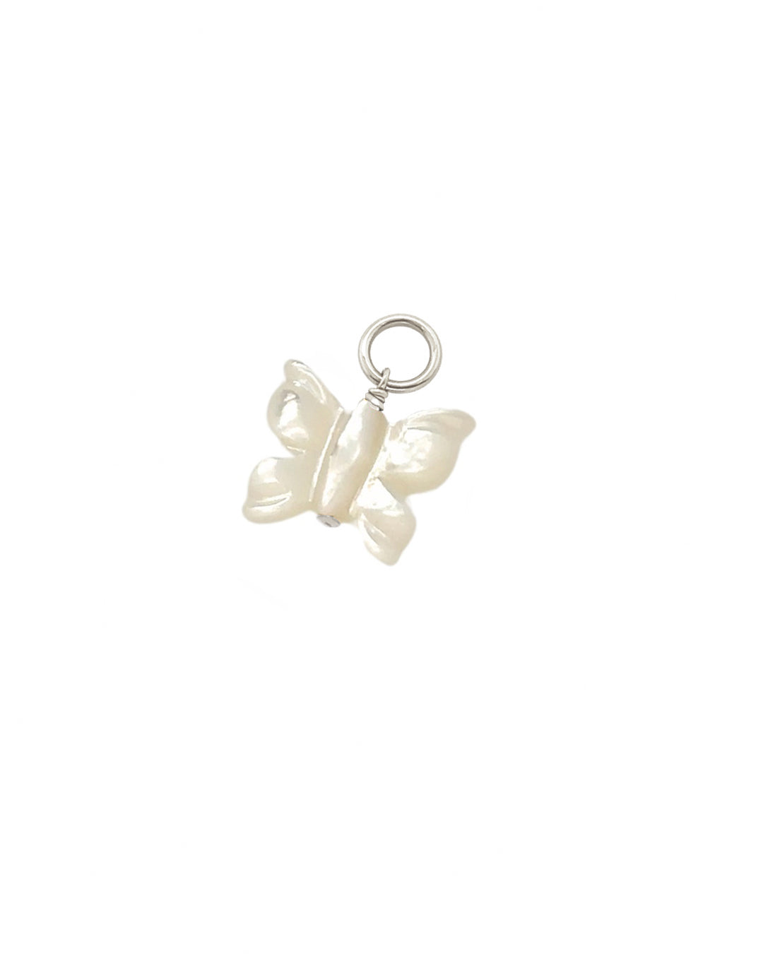 Close up of silver mother of pearl butterfly earring charm. Compatible with Romyli hoops from our Silver Mix and Match Earrings collection.