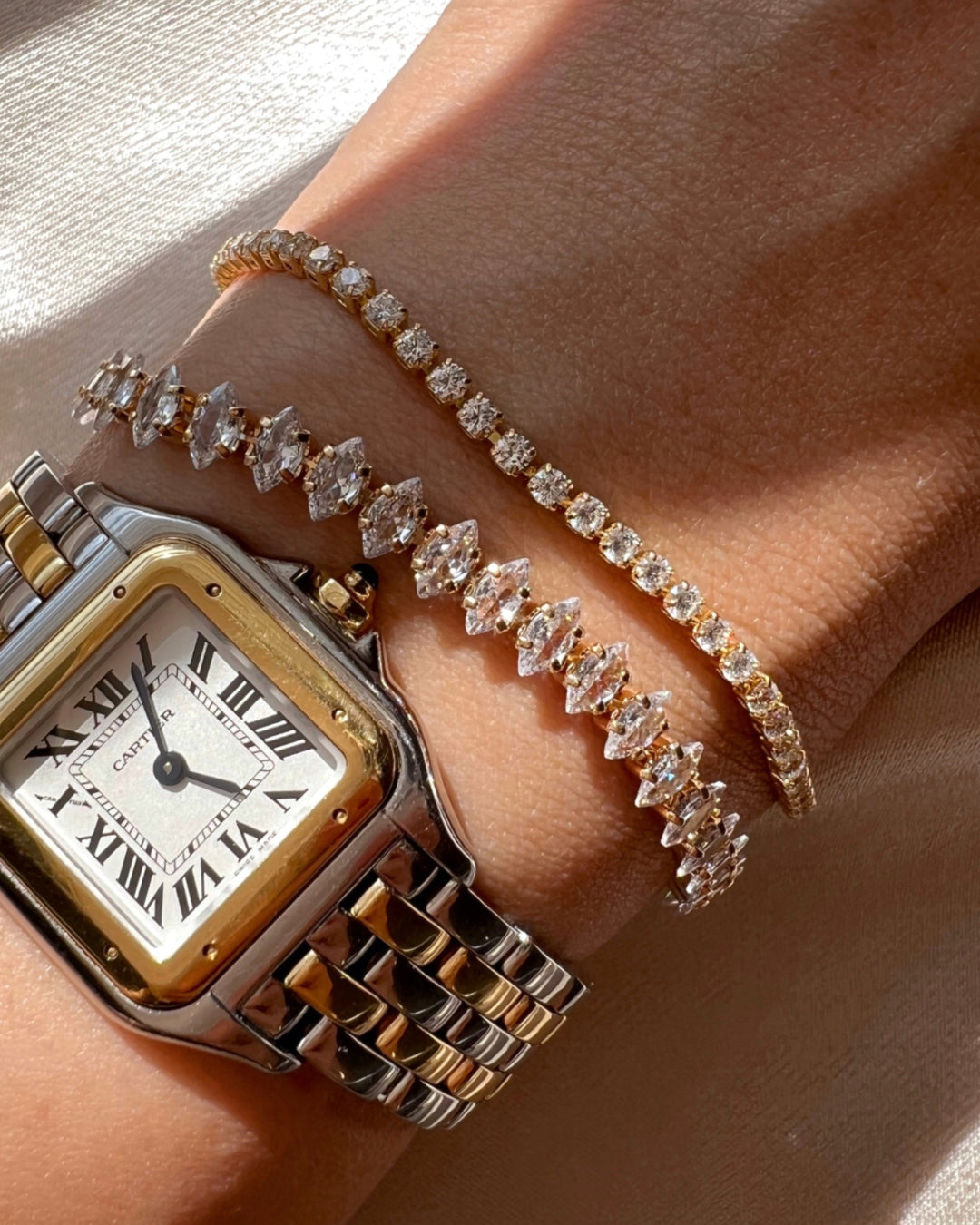14k yellow gold fill marquise crystal tennis white diamond bracelet on a model