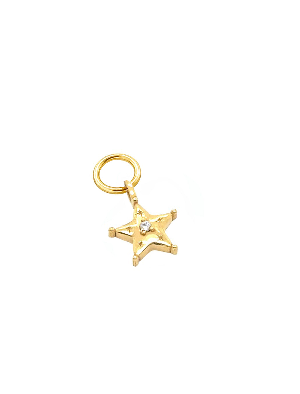 Close-up of the Nova star earring charm in 14k gold fill, approximately 7mm in size, designed to fit all hoops in the Mix and Match Earrings collection. Star design symbolising hope, guidance, and infinite possibilities.