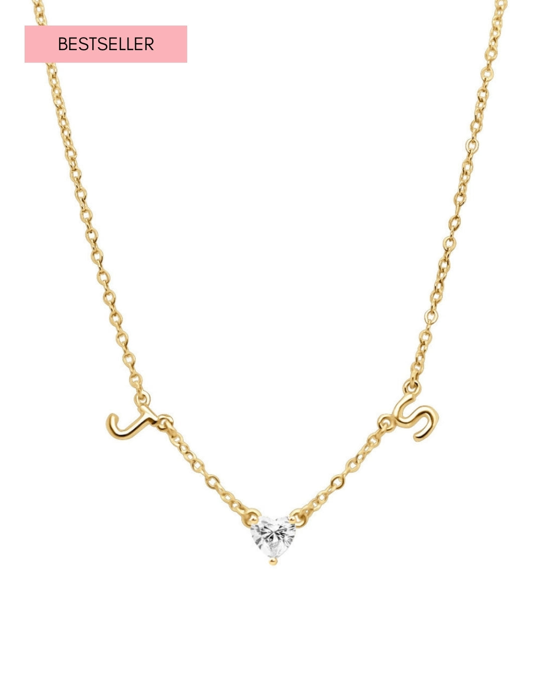 Personalised petite initial necklace in 14k gold fill with up to 9 letters, heart gem or gold heart charm – dainty custom jewellery gift. Made in Australia