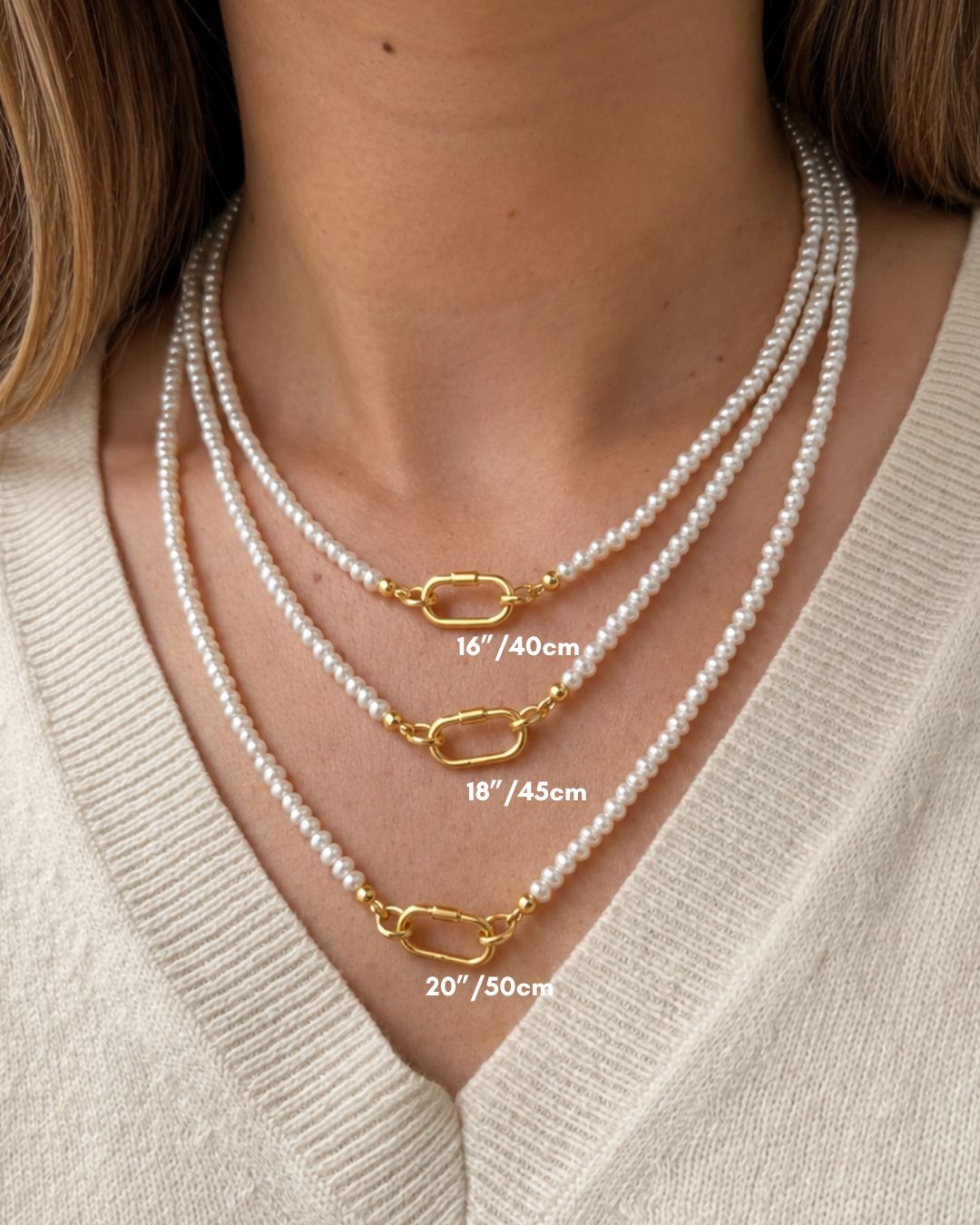 Model wearing the Mini Pearl Carabiner Necklace in 3 lengths - 16” (40cm), 18” (45cm) and 20” (50cm).