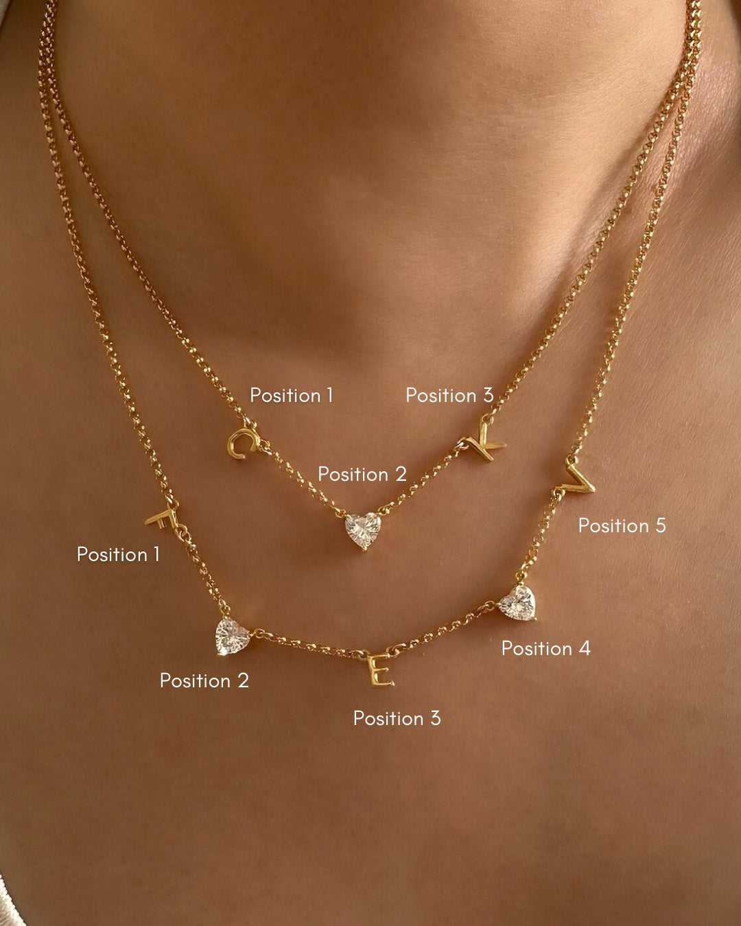 Model wearing gold-filled heart petite initial necklace showing 3-letter and 5-letter charm positioning options on petite rolo chain