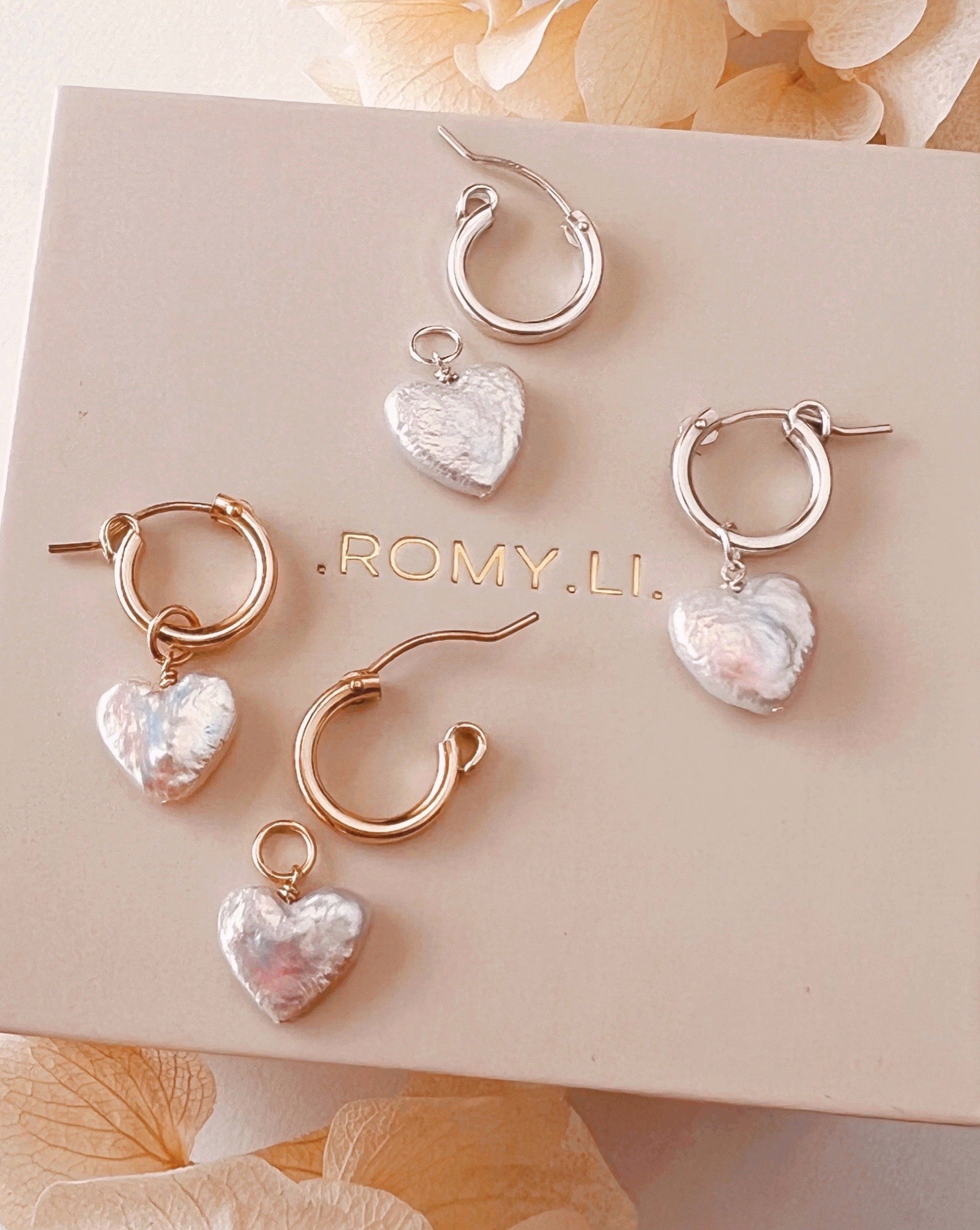 14k yellow gold fill hoops with freshwater pearl heart charm earrings and sterling silver pearl heart charm hoop earrings